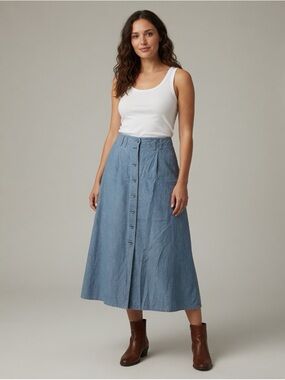Basic Editions Blue Button-Front A-Line Midi Skirt